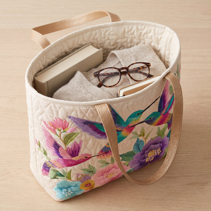 Hummingbird Flower Garden Quilted Tote Bag
