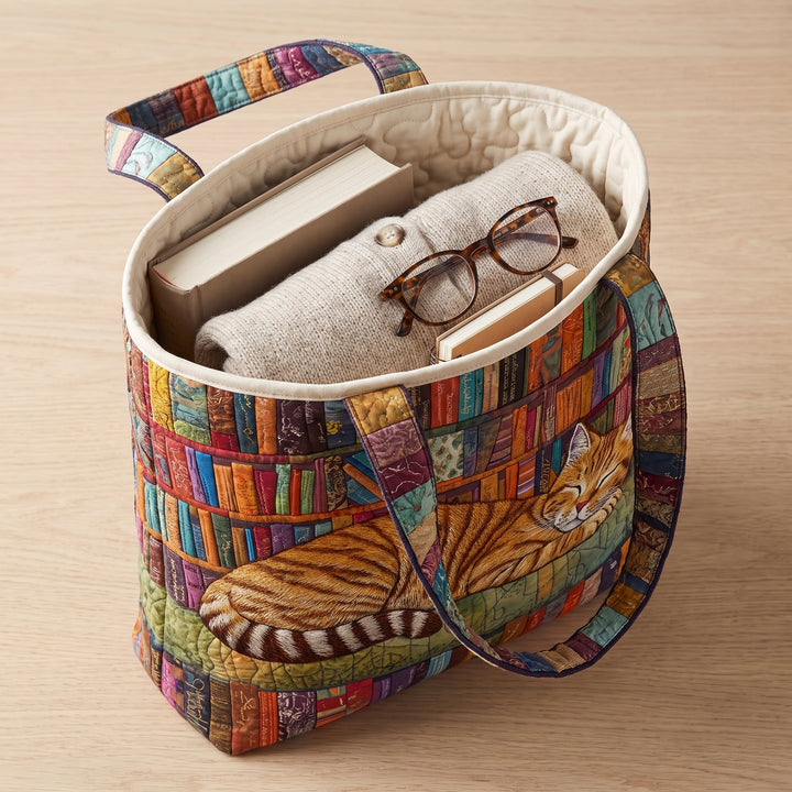 Bookish Cat Nap Quilted Tote Bag