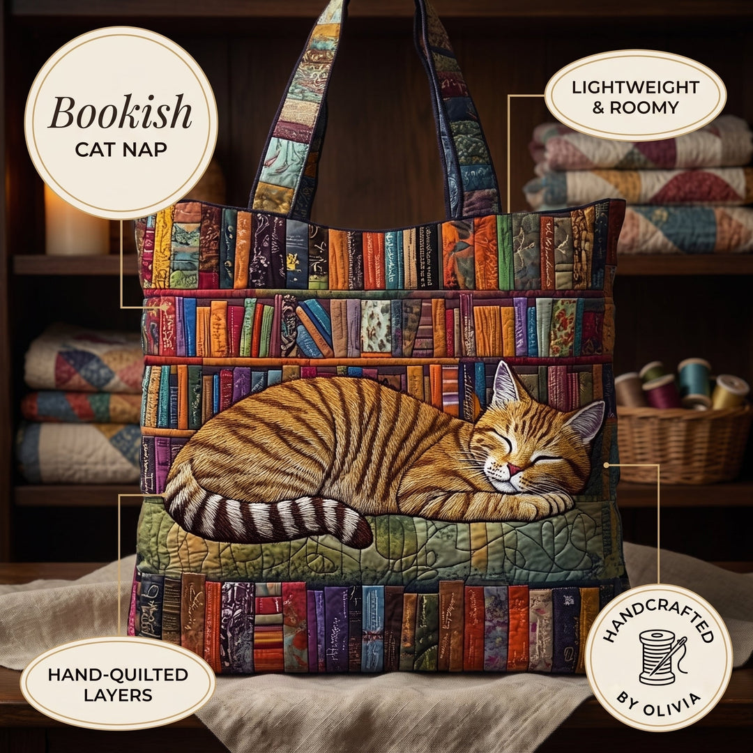 Bookish Cat Nap Quilted Tote Bag