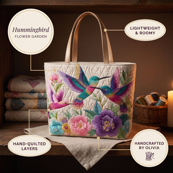 Hummingbird Flower Garden Quilted Tote Bag